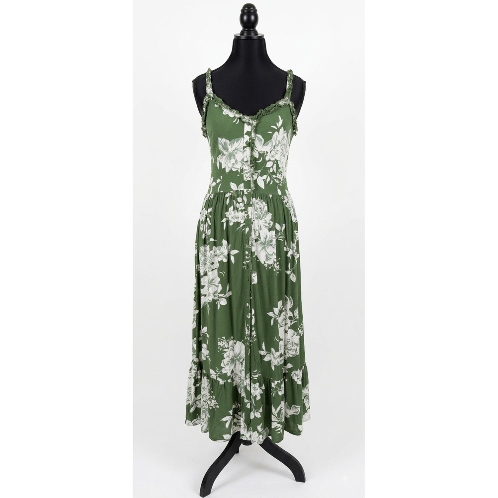 Patrons of Peace Womens Olive Green Floral Smocked Back Midi Dress XS J1898F58